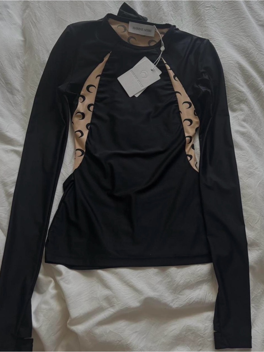 Marine Serre Black Long-Sleeve Top with Beige Crescent Moon Insets